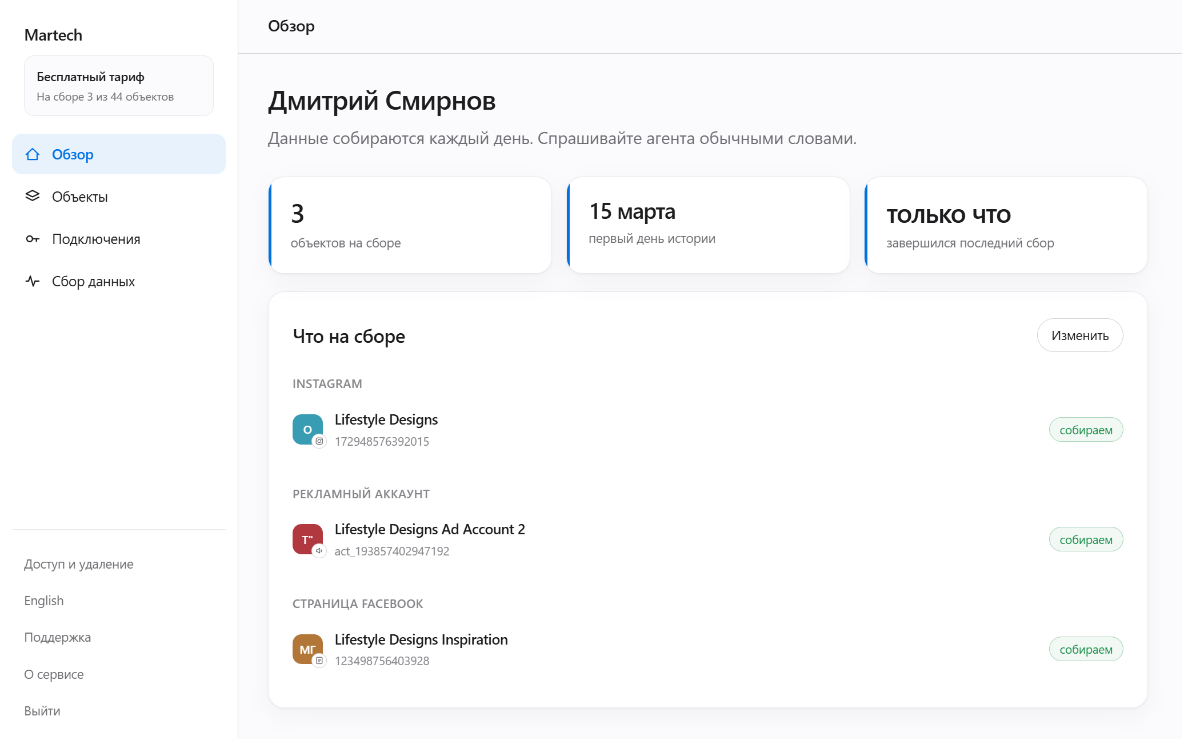Панель Martech: подключённые аккаунты Instagram, Facebook и рекламный кабинет, состояние ежедневного сбора
